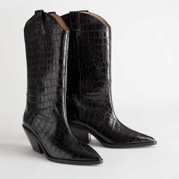 & Other Stories Shoes - & Other Stories Black Croc-Embossed Boots